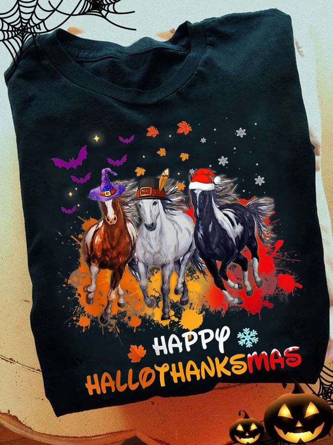 Happy Hallothankmas – Happy Halloween, Horse with witch hat, Merry Christmas