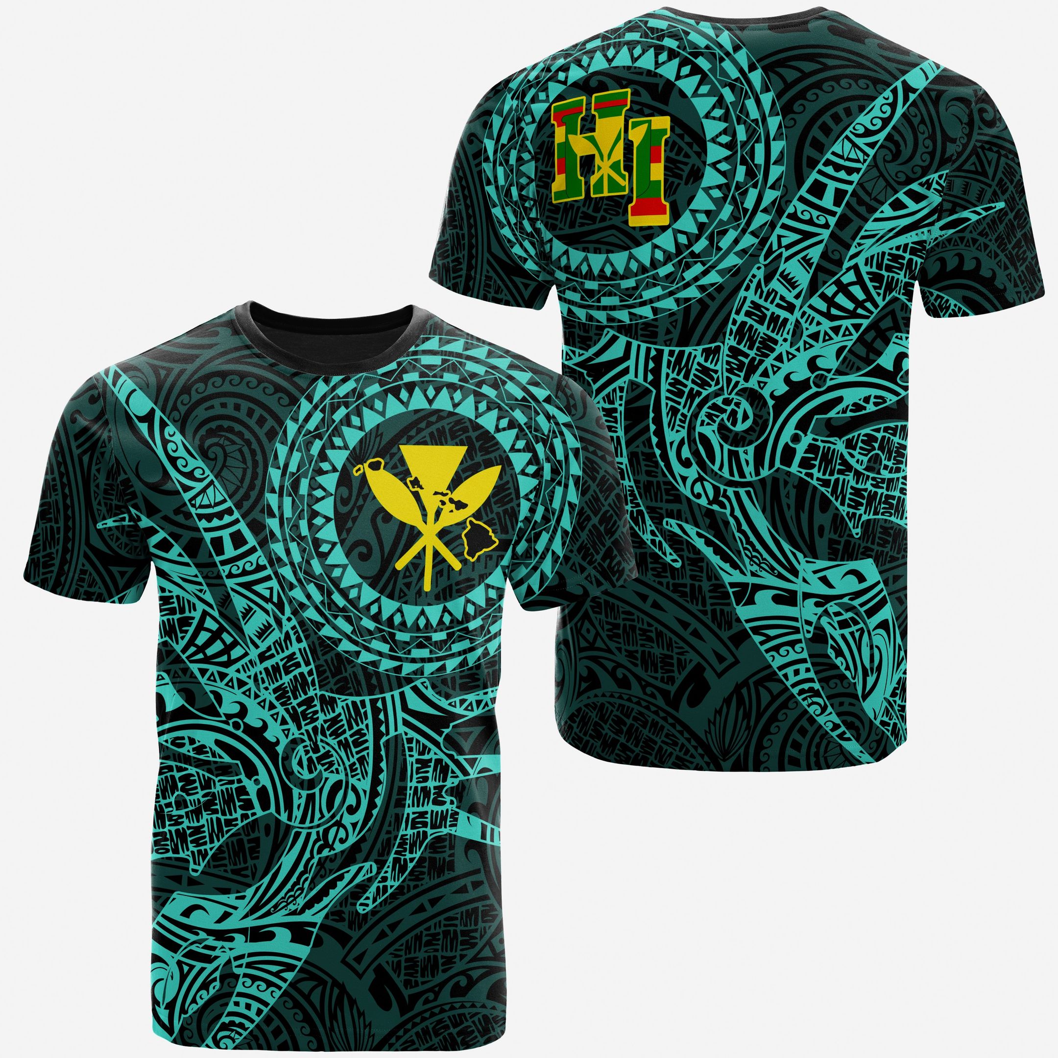 Hawaii T-shirt Polynesian Kanaka Map Hawaiian T-shirt – Tt Style -turquoise – Ah – J3
