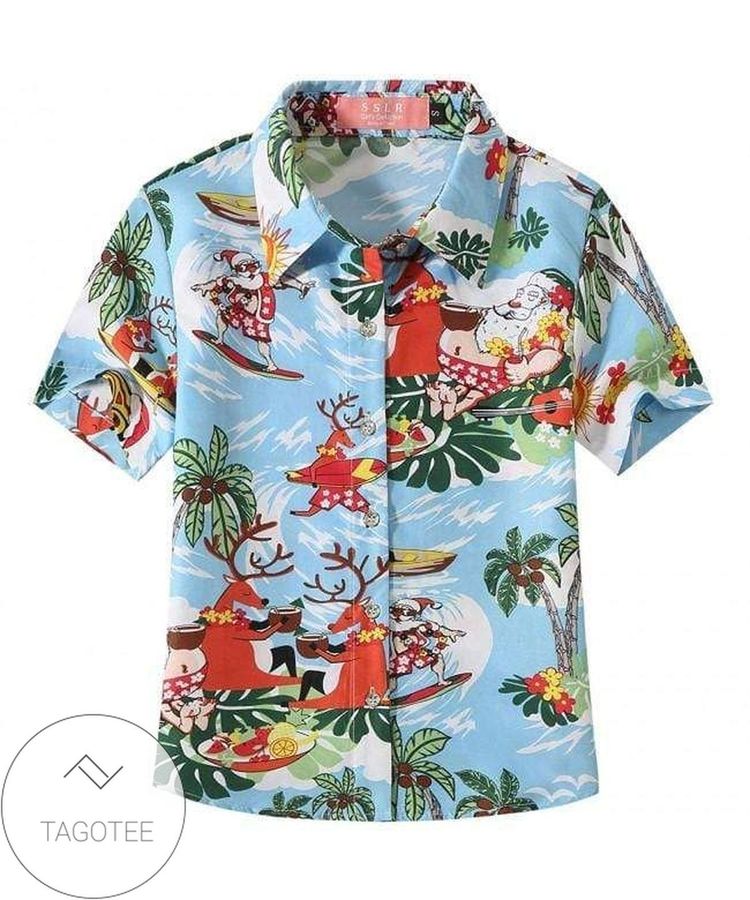 Hawaiian Aloha Shirts Funny Xmas Santa Claus Light Blue
