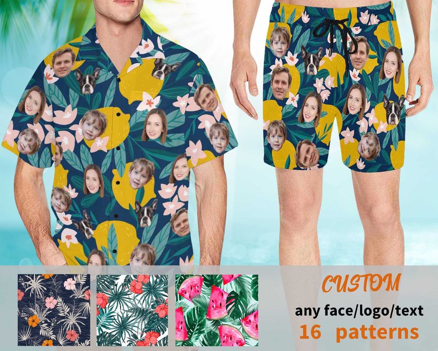 Hawaiian shirt for holiday party,Custom Hawaiian Shirt with face,Husband Tropical Leaves,Custom face Men Swim short,Custom Multi Faces Trunk