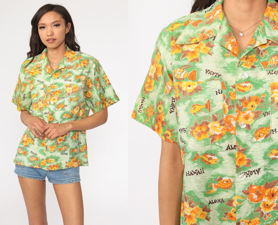 Hawaiian Shirt Tropical FISH Shirt 70s Floral Blouse ALOHA Button Up Shirt 1970s Boho Top Beach Green Tiki Medium Large