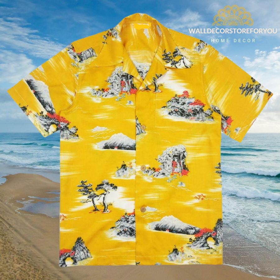 Hawaiian Shirt Yellow Once Upon a Time In Hollywood, Summer Hawaiian Shirt  Medium, Hawaiian Shirt, Vintage
