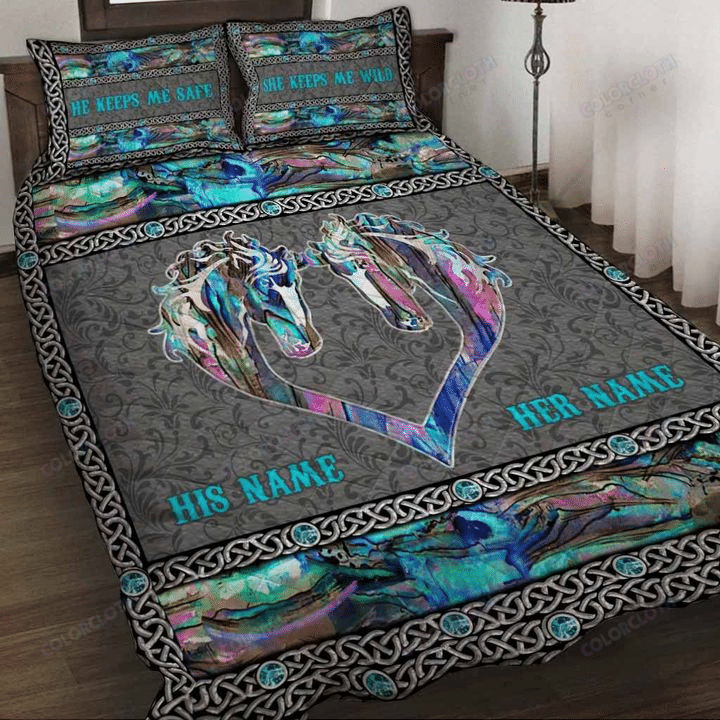 He Keeps Me Safe She Keeps Me Wild Personalized Horse Quilt Set