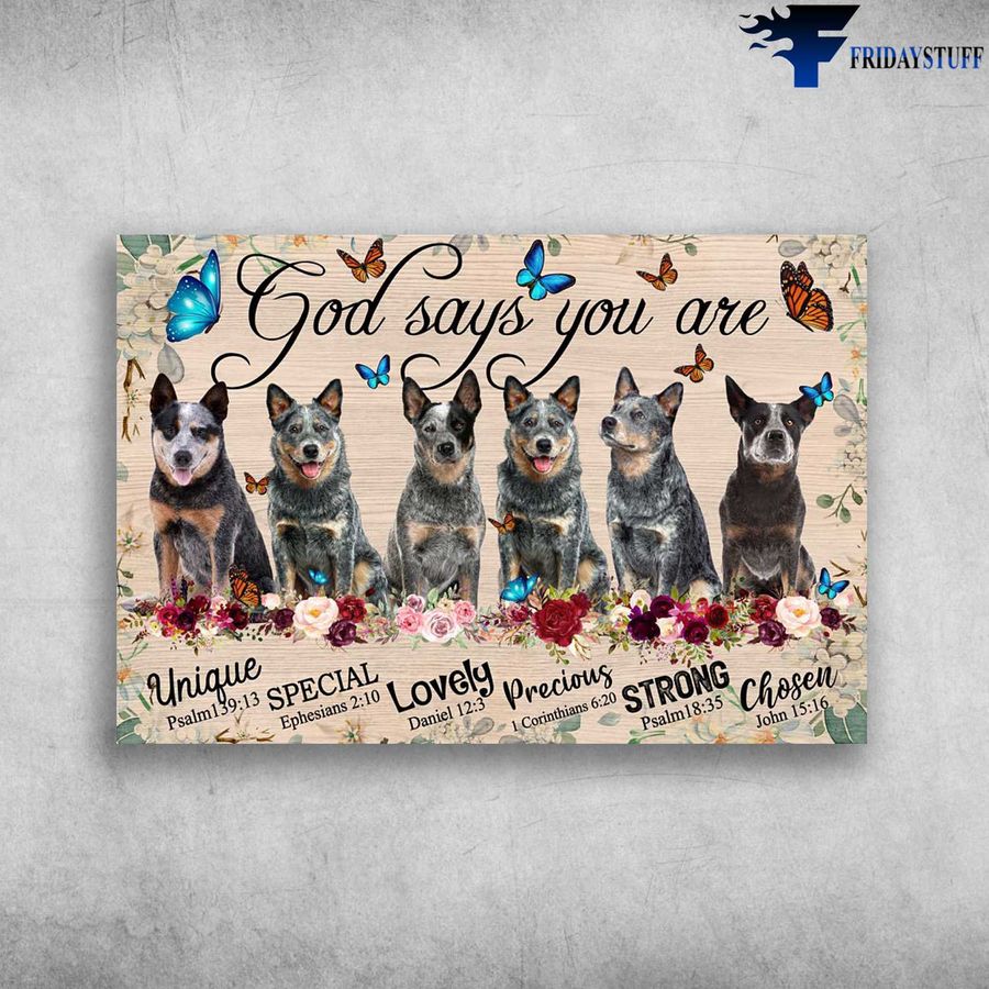 Heeler Dog, Heeler Butterfly and God Says You Are, Unique, Special, Lovely, Precious, Strong, Chosen Poster