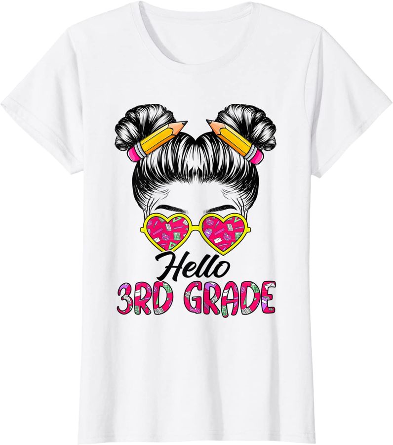 Hello 3rd Grade Messy Bun Girls Back To School Tie Dye Girls