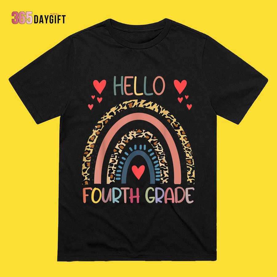 Hello 4th Grade Leopard Rainbow Fourth Grade Back to School T-Shirt