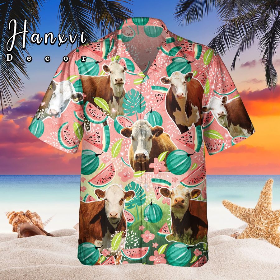 Hereford Cow Hawaii Shirt, Summer Beach Shirt With Watermelon For Farm Animals Lovers, Funny Matching Hawaiian Shirt For Farmer Family
