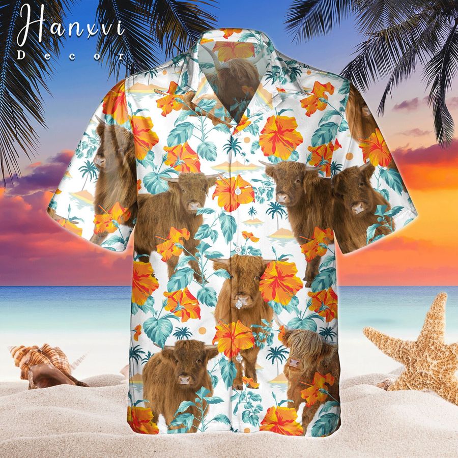 Highland Cow Hawaiian Shirt Short Sleeve For Summer Trip Family,Bright Hibiscus Flowers Aloha Shirt For Animal Farm Lovers, Cute Cow Shirt