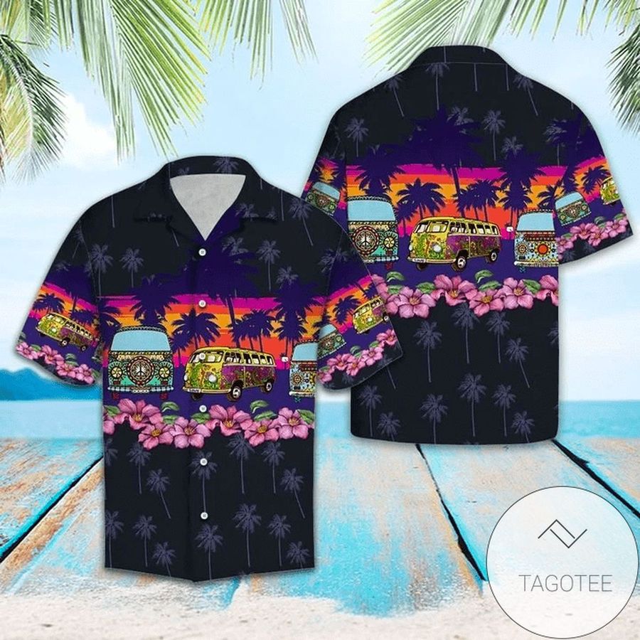Hippie Car Black Tropical Summer Hawaiian Aloha Shirts