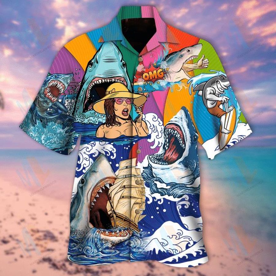Hippie Sharks On Sea Hawaiian Shirt Pre11633, Hawaiian shirt, beach shorts, One-Piece Swimsuit, Polo shirt, funny shirts, gift shirts, Graphic Tee