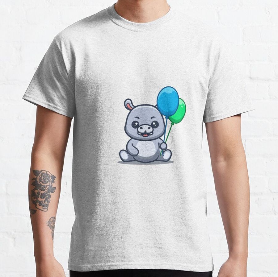 Hippo Sitting Hold Balloon Cute Cartoon Classic T-Shirt