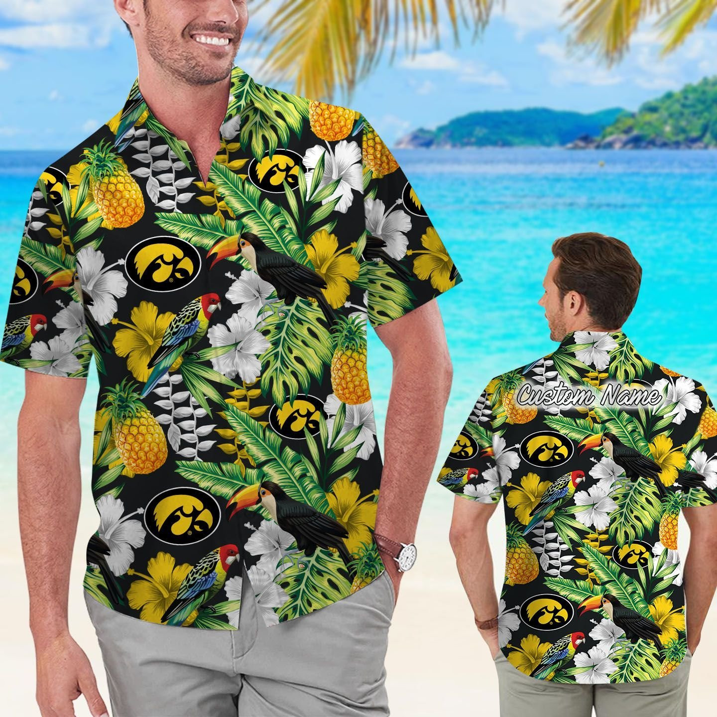 Iowa Hawkeyes Custom Name Parrot Floral Tropical Men Women Short Sleeve Button Up Tropical Aloha Hawaiian Shirts For Men Women