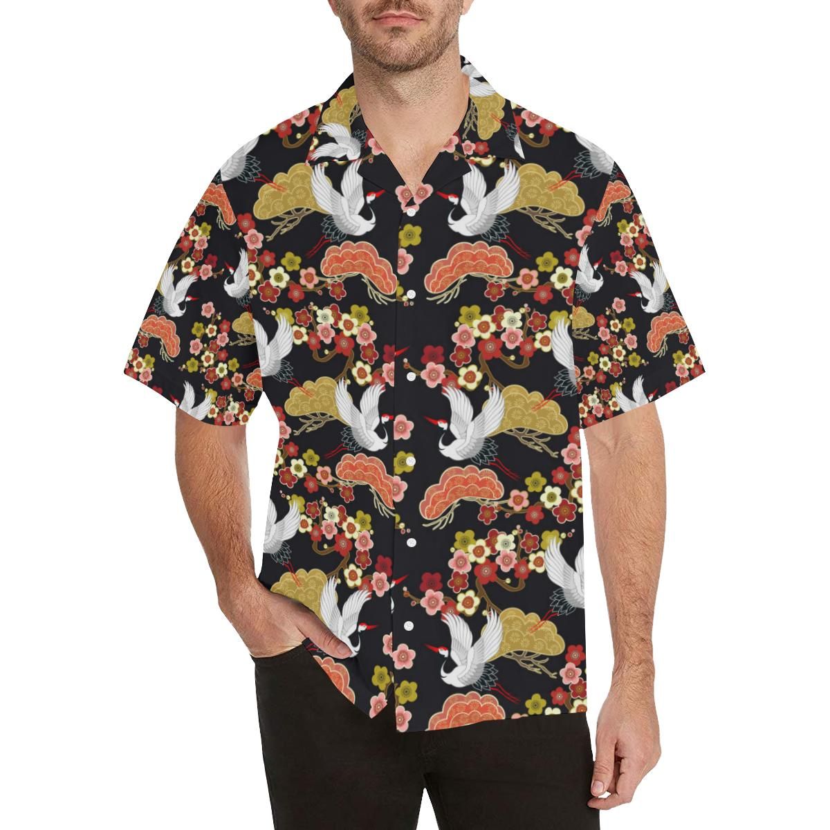Japanese Crane Pattern Men’s All Over Print Hawaiian Shirt