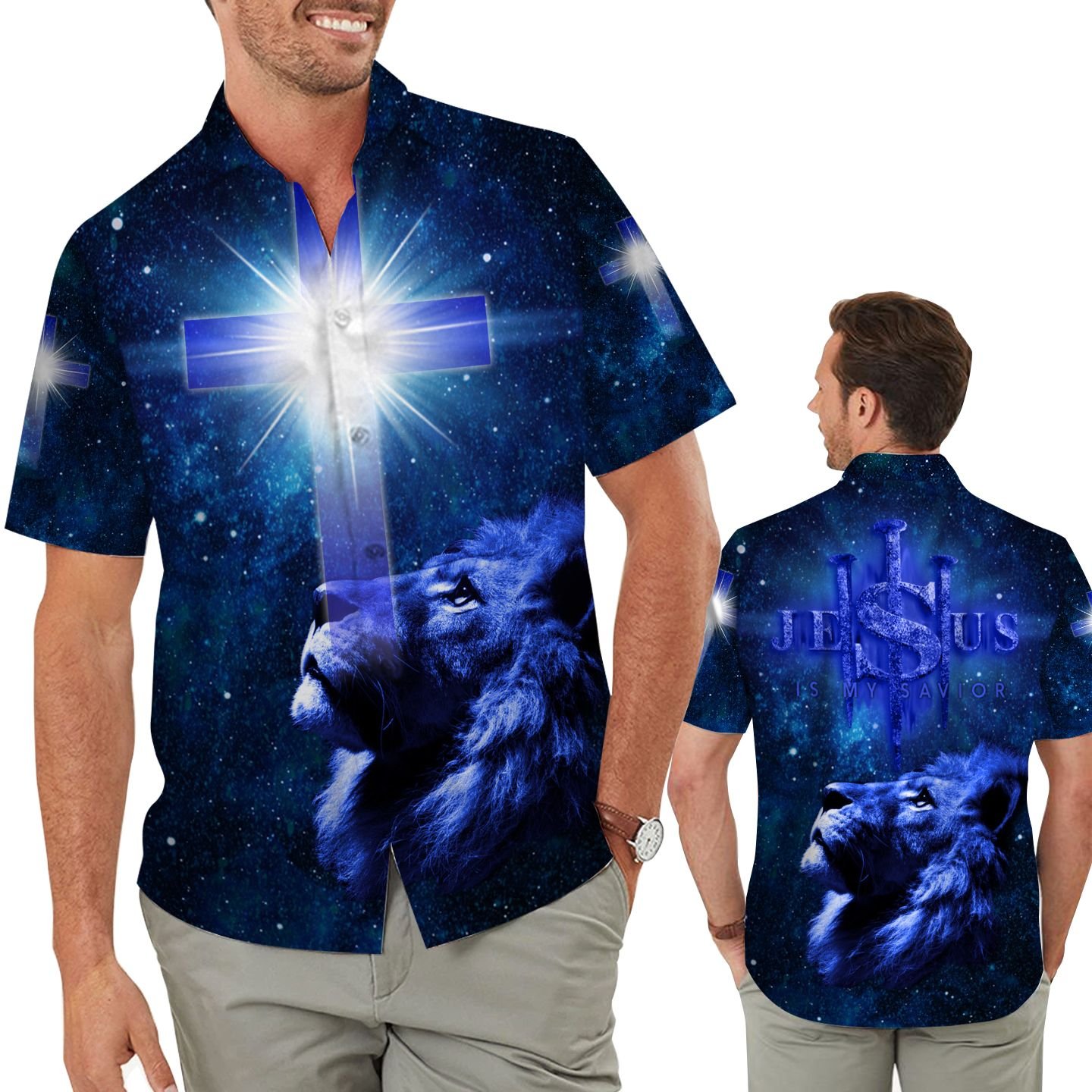 Jesus Is My Savior Cross And Lion Galaxy Background Men Button Up Hawaiian Shirt For God Lovers In Summer And Daily Life