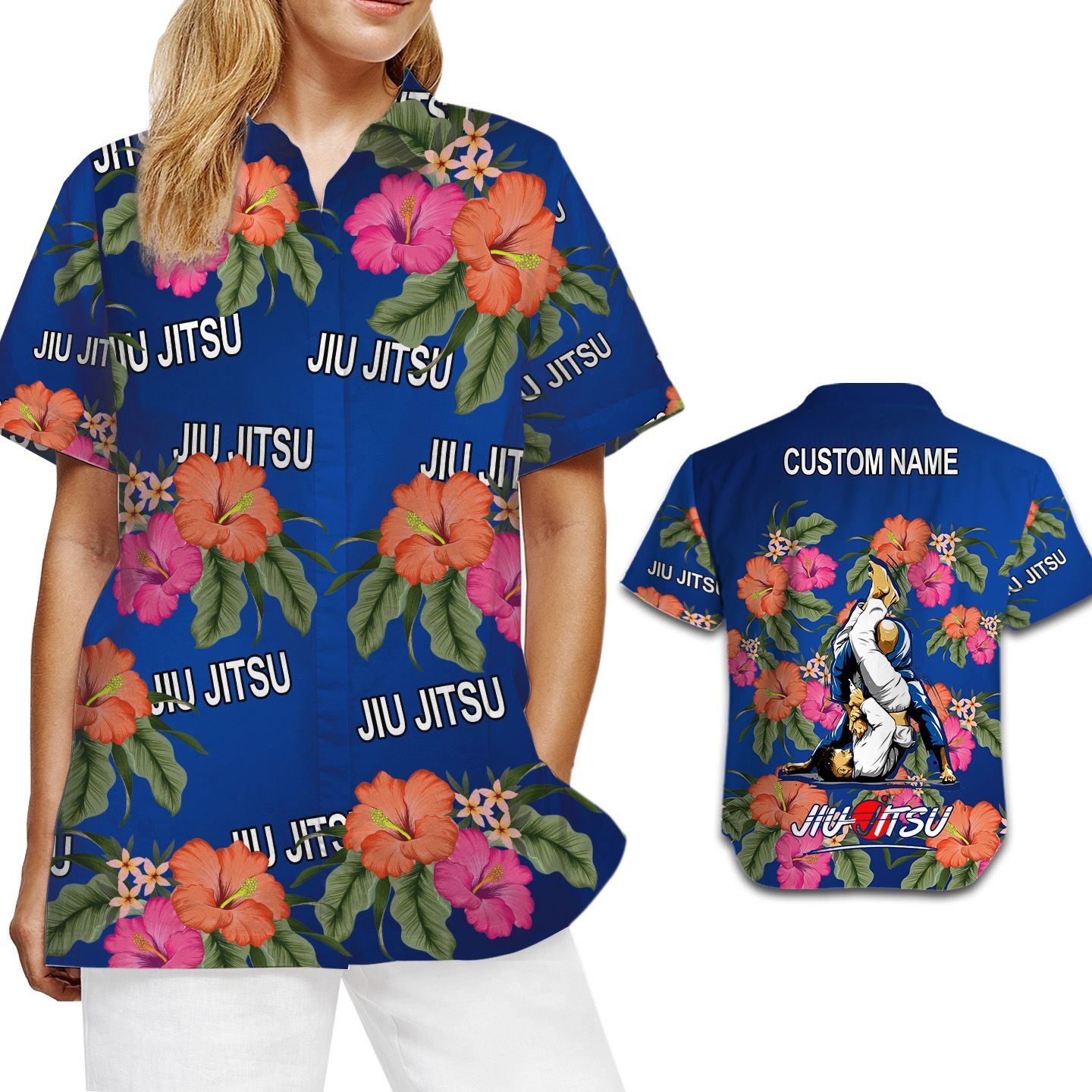 Jiu Jitsu Image Tropical Floral Custom Name Personalized Gifts Women Aloha Button Up Hawaiian Shirt For Bjj Martial Arts Lovers
