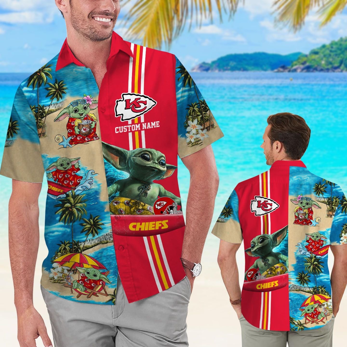 Kansas City Chiefs Baby Yoda Custom Name Short Sleeve Button Up Tropical Aloha Hawaiian Shirts For Men Women
