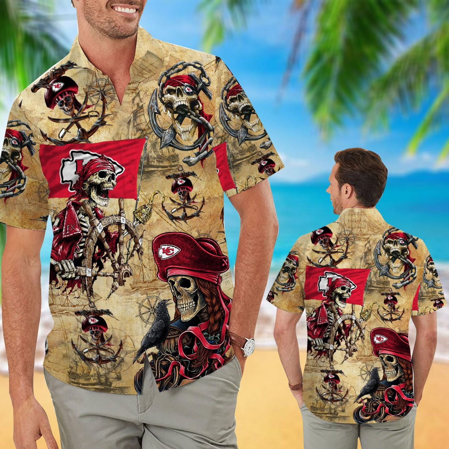 Kansas City Chiefs Pirates Aloha Hawaiian Button Up Shirt Retro Vintage Style Full Size For Sale