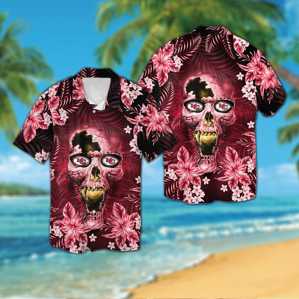 Kansas City Chiefsskull Short Sleeve Button Up Tropical Aloha Hawaiian Shirts For Men Women