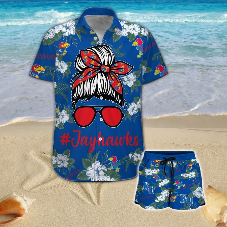 Kansas Jayhawks Girl Messy Bun Short Sleeve Button Up Tropical Aloha Hawaiian Shirts For Men Women