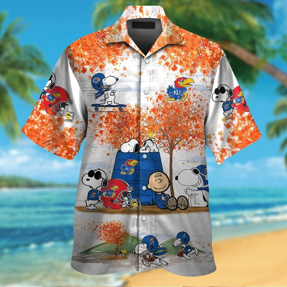 Kansas Jayhawks Snoopy Autumn Short Sleeve Button Up Tropical Aloha Hawaiian Shirts For Men Women