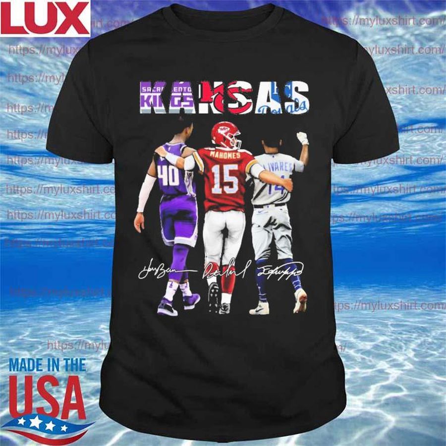 Kansas Sports Team Harrison Barnes and Patrick Mahomes II and Edward Olivares signatures shirt