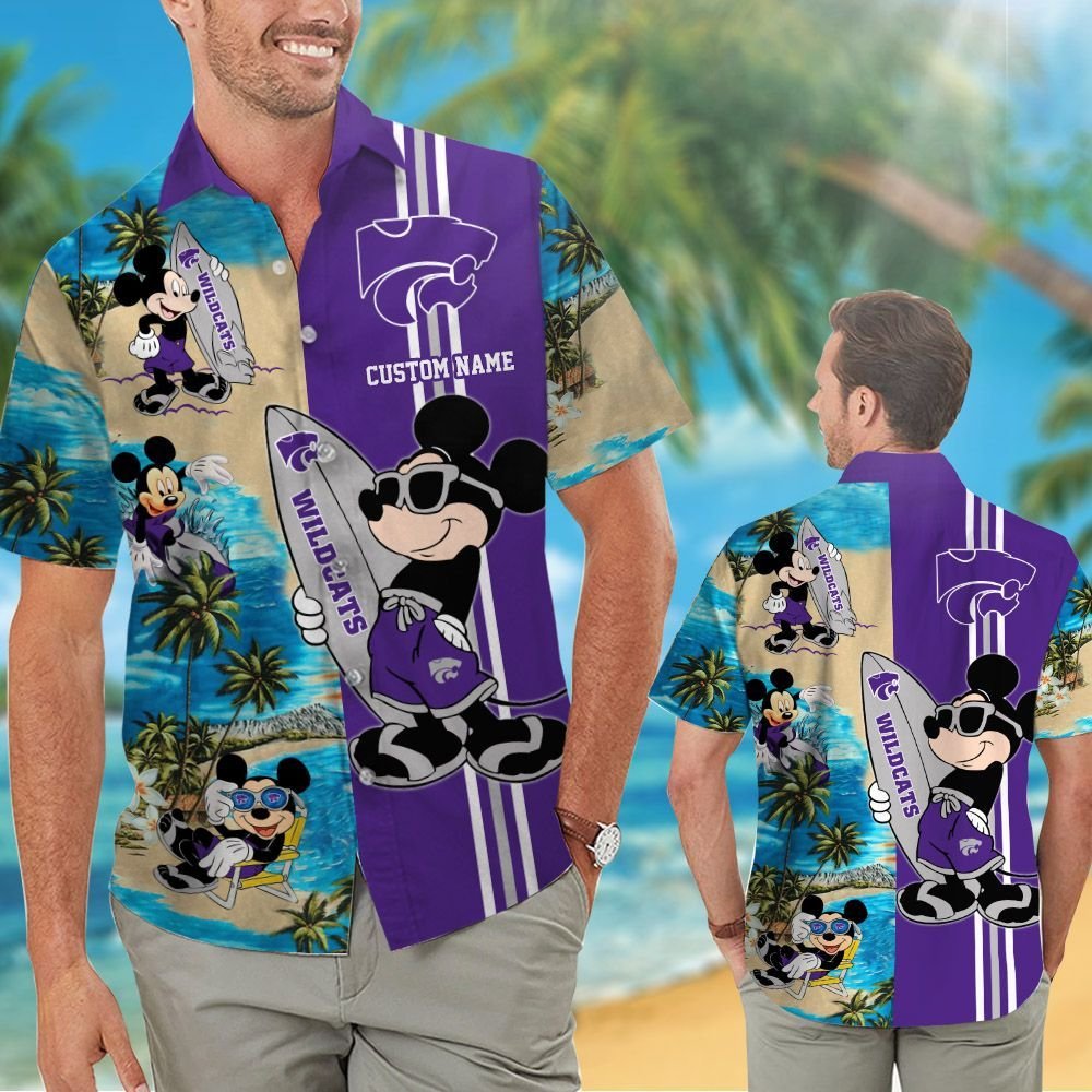 Kansas State Wildcats Mickey Custom Name Short Sleeve Button Up Tropical Aloha Hawaiian Shirts For Men Women Kansas State University Wildcats