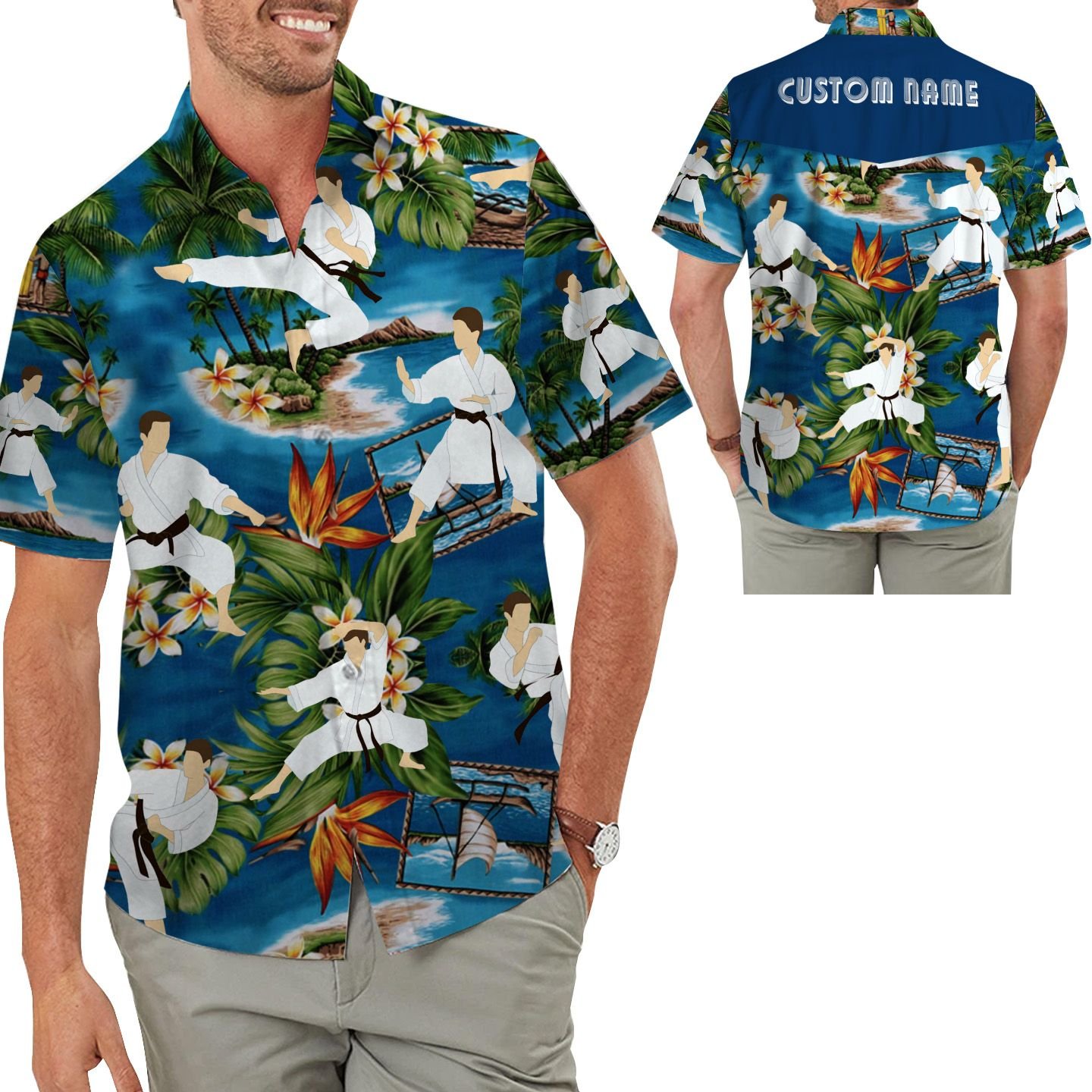 Karate Image Tropical Floral Aloha Custom Name Personalized Gifts Men Button Up Hawaiian Shirt For Martial Art Lovers