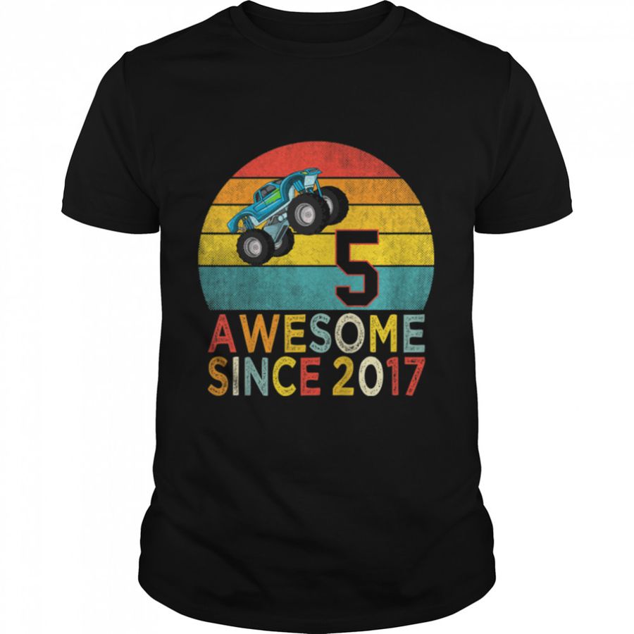 Kids 5th Birthday Monster Truck Lover 5 Years Old Vintage Retro T-Shirt B09P1H9222