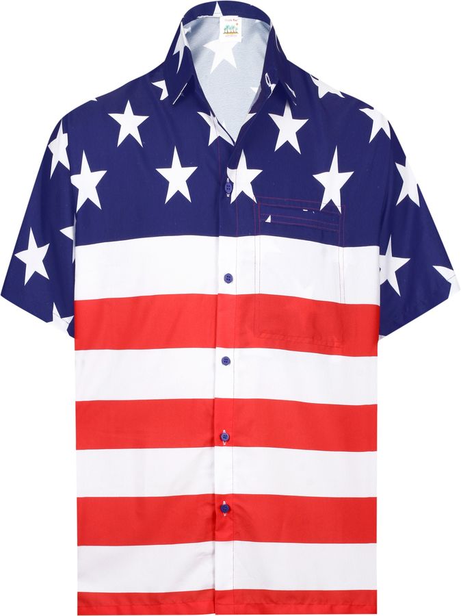 LA LEELA Men's Holiday American Flag Button Down Short Sleeve Hawaiian Shirt L Red_AA285