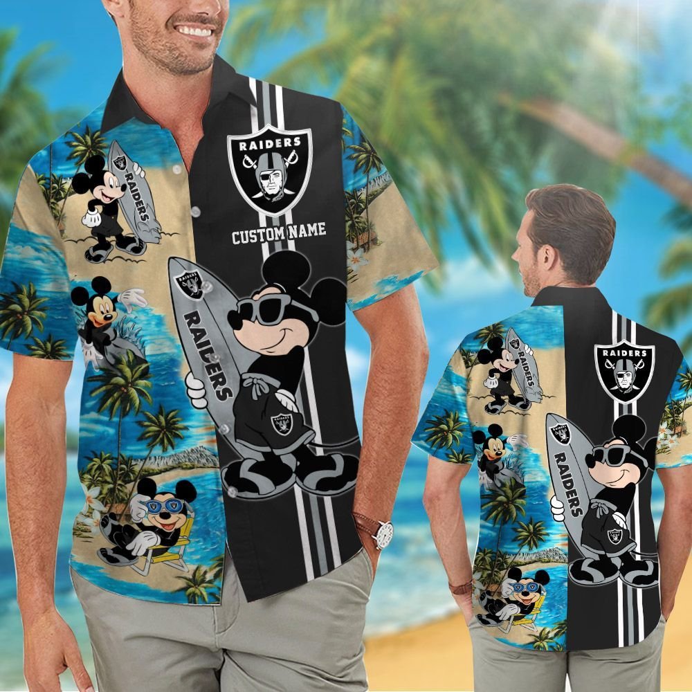 Las Vegas Raiders Mickey Custom Name Short Sleeve Button Up Tropical Aloha Hawaiian Shirts For Men Women