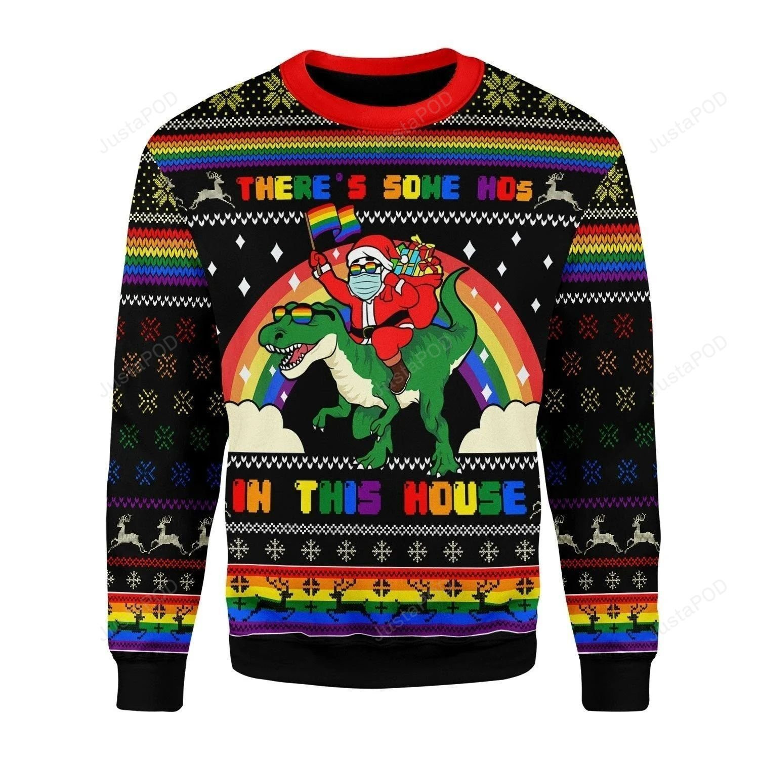 LGBT Flag Christmas Santa Clause And Dinosaur Ugly Christmas Sweater