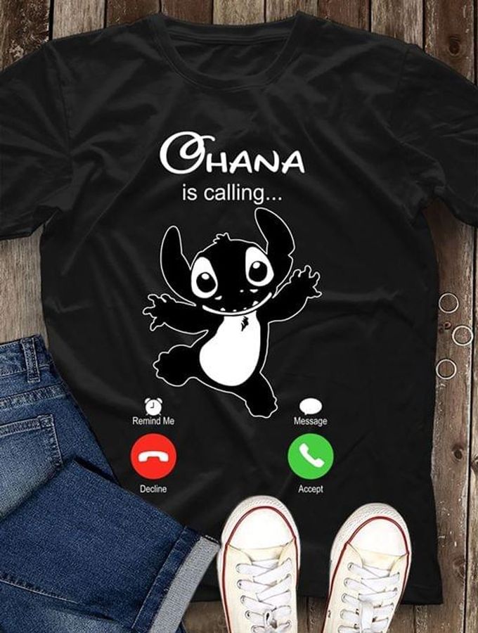 Lilo And Stitch Ohana Is Calling Phone Screen Call Funny Black T Shirt Men  And Women