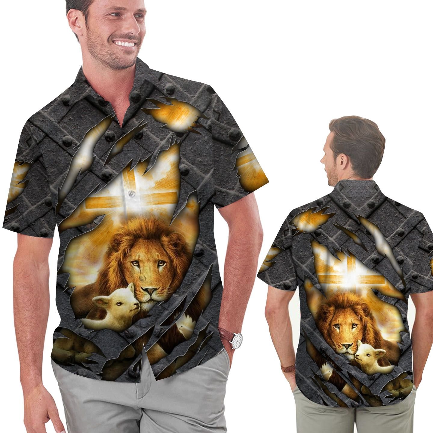 Lion And The Lamb Cracked Metal Men Hawaiian Shirt For Jesus Lovers