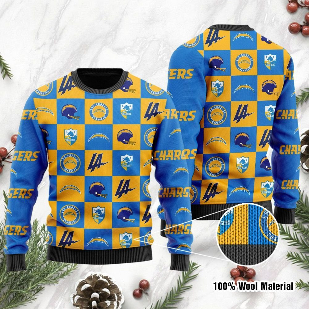 Los Angeles Chargers Logo Checkered Flannel Ugly Christmas Sweater Ugly