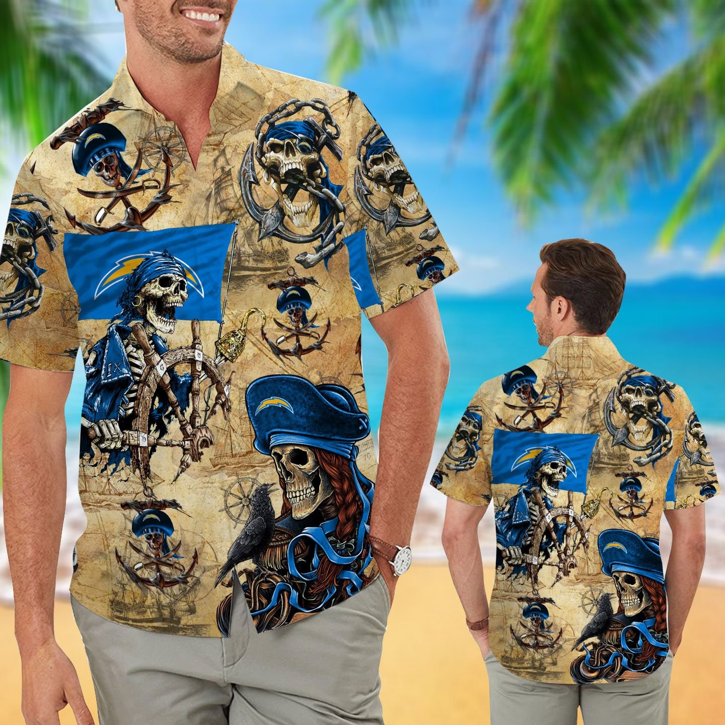 Los Angeles Chargers Pirates Aloha Hawaiian Button Up Shirt Retro Vintage Style Full Size For Sale