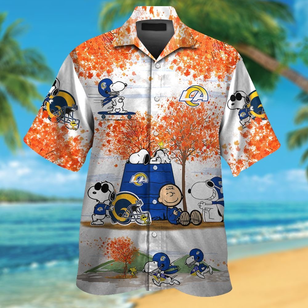 Los Angeles Rams Snoopy Autumn Short Sleeve Button Up Tropical Aloha Hawaiian Shirts For Men Women