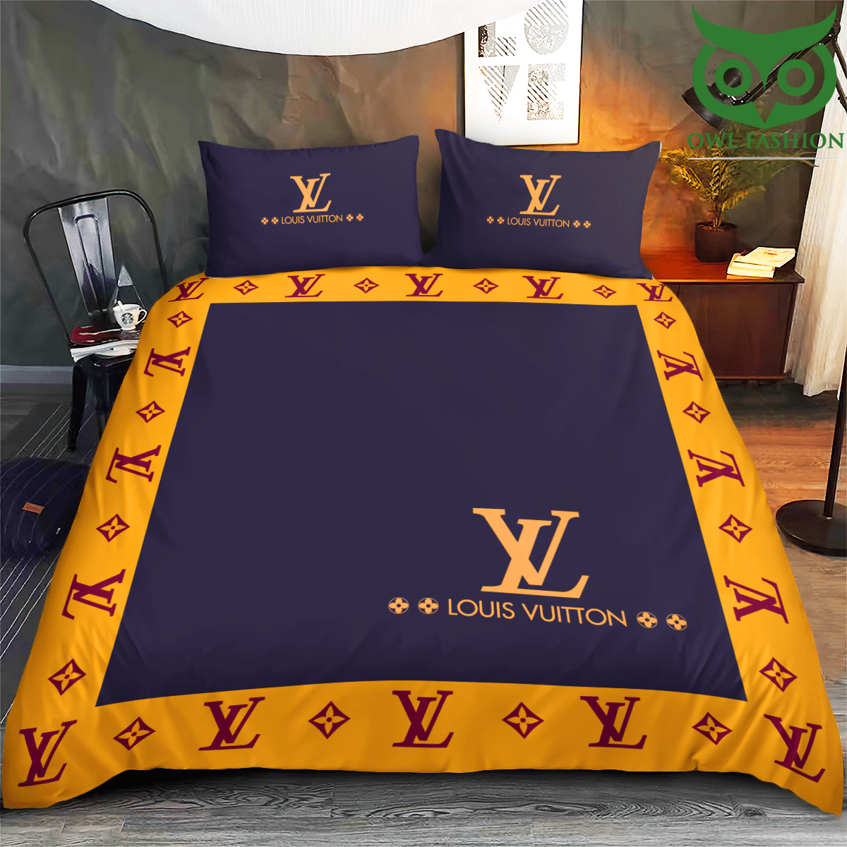 Louis Vuitton golden logo on navy tone bedding set
