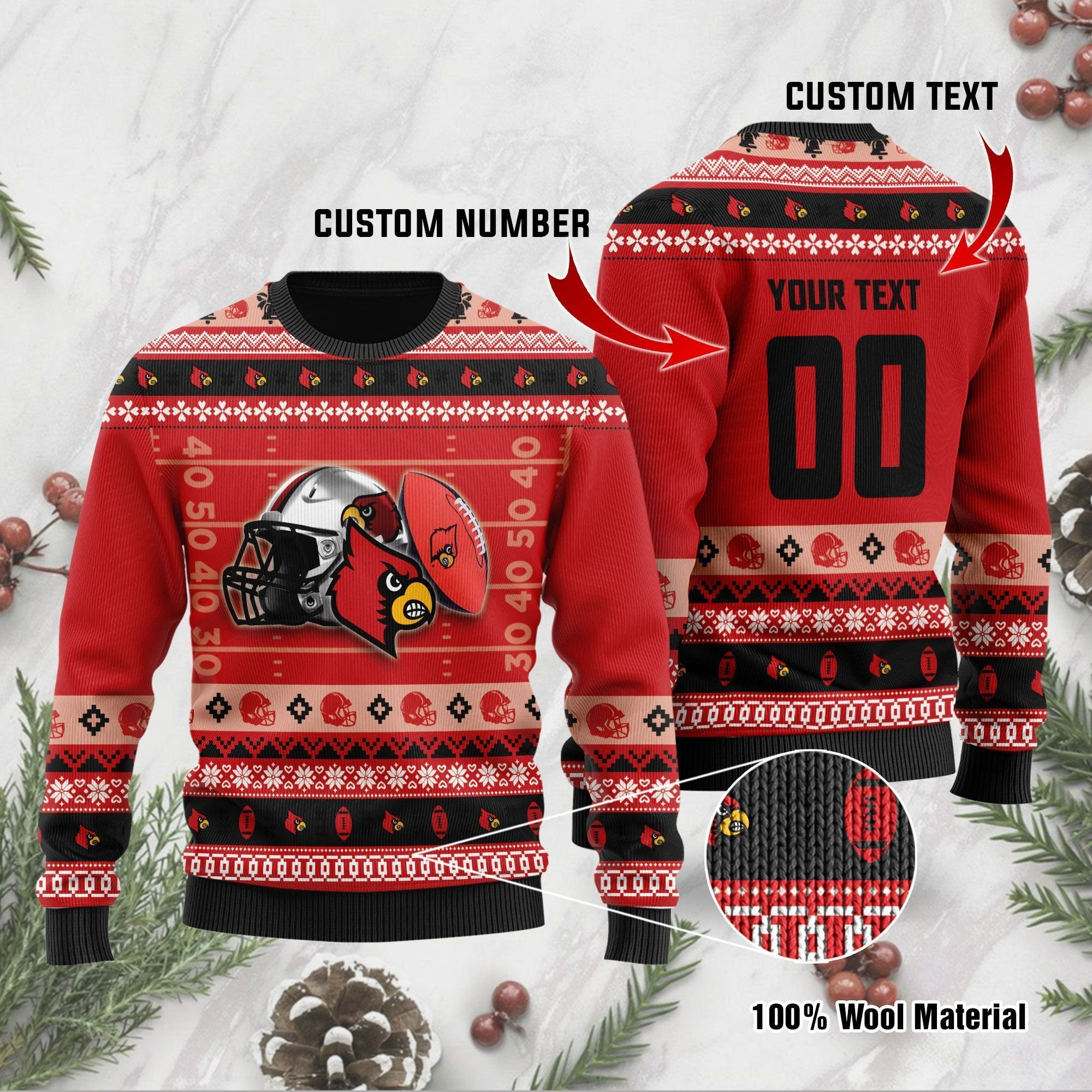 Louisville Cardinals Custom Name  Number Personalized Ugly Christmas Sweater