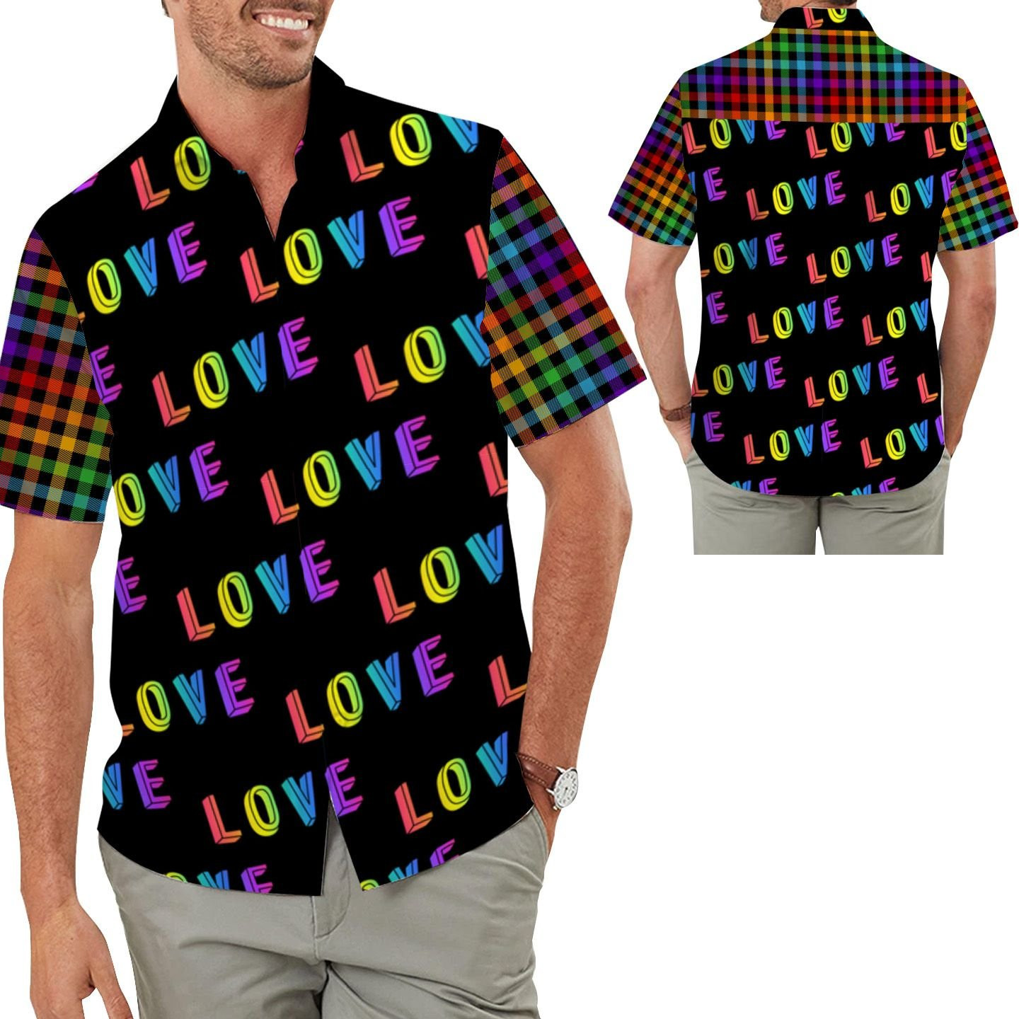 Love Rainbow Plaid Pattern Lgbt Gay Lesbian Transgender Bisexual 3d Men Hawaiian Aloha Tropial Beach Button Up Shirt