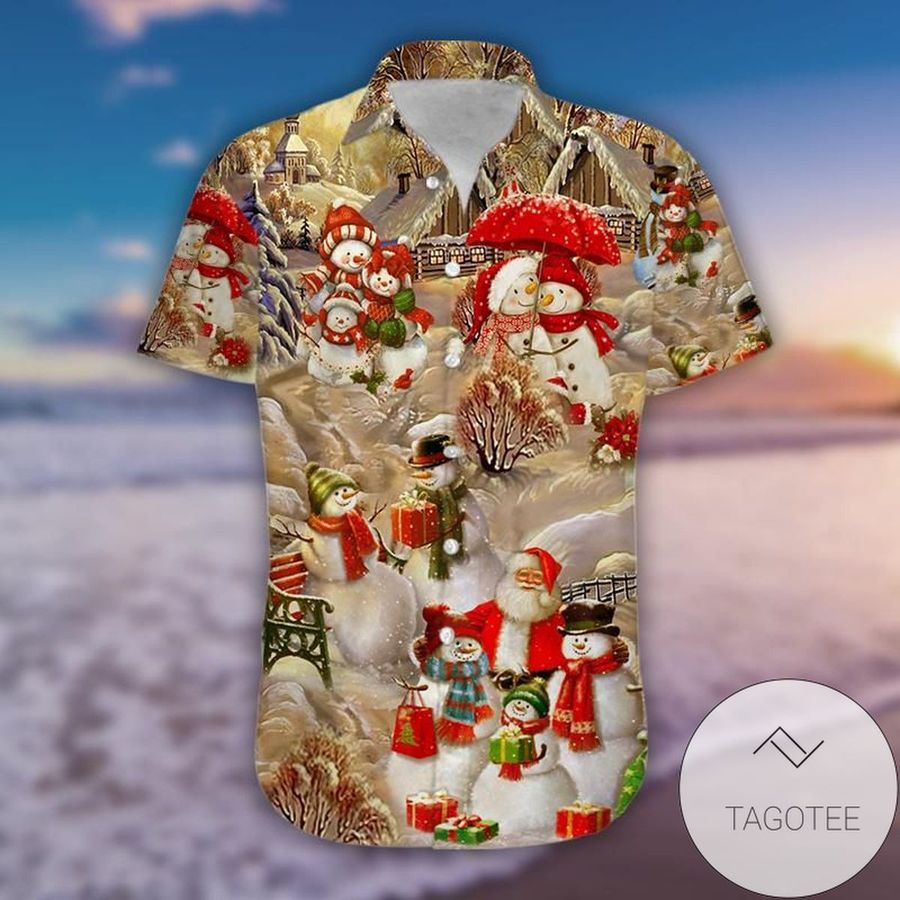 Lovely Snowman With Santa Claus Hawaiian Aloha Shirts