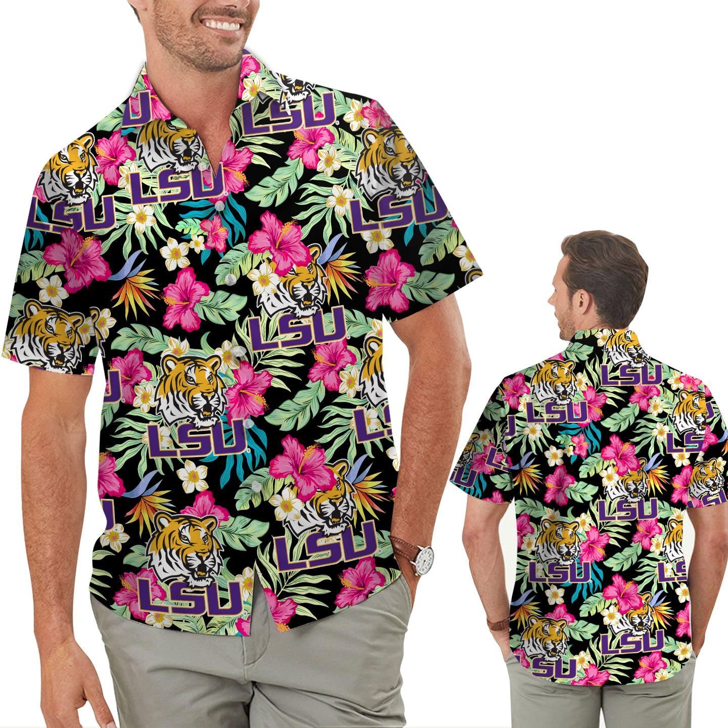 Lsu Tigers Hibiscus Short Sleeve Button Up Tropical Aloha Hawaiian Shirts For Men Women For Sport Lovers In Summer Louisiana State University