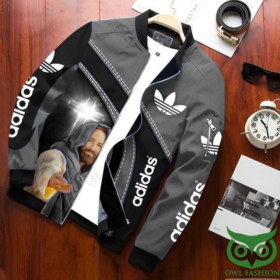 Luxury Adidas Black and Gray with Jesus and Crucifix Faith Over Fear Bomber Jacket