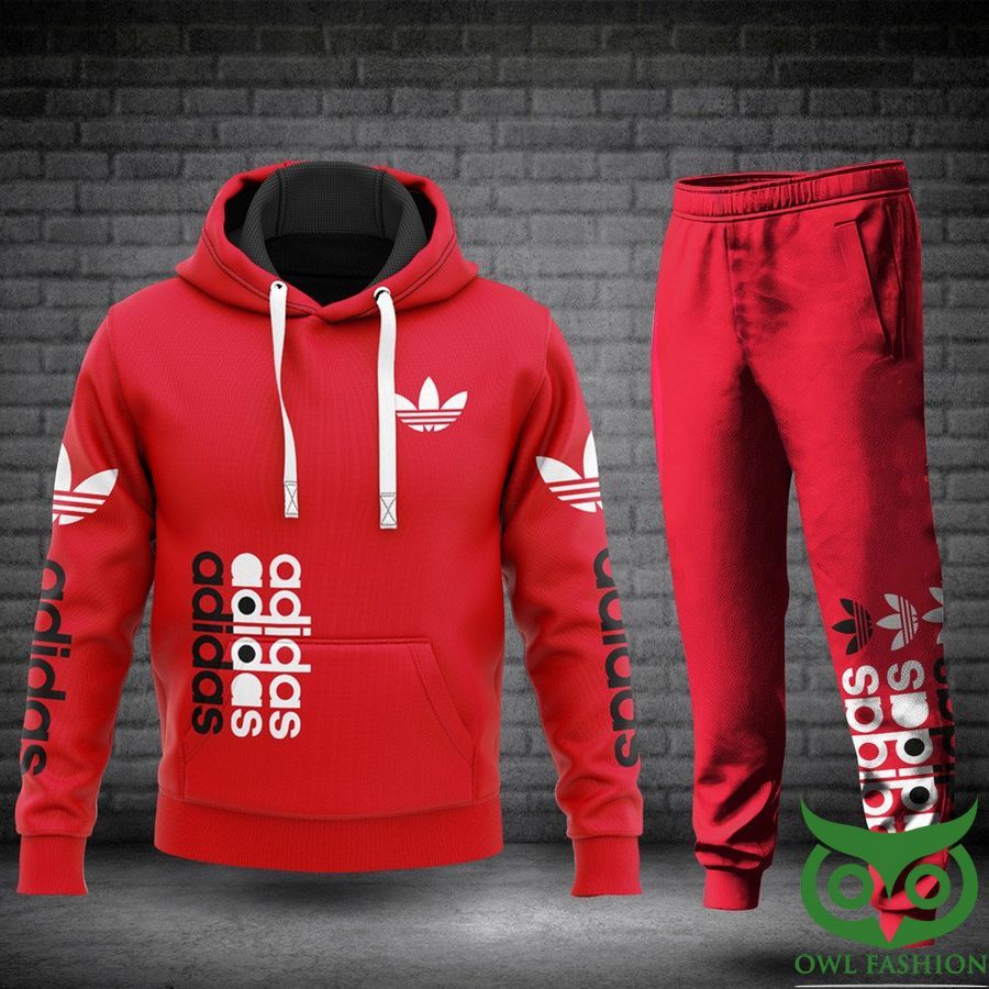 Luxury Adidas Red with Black and White Vertical Brand Name Hoodie and Pants