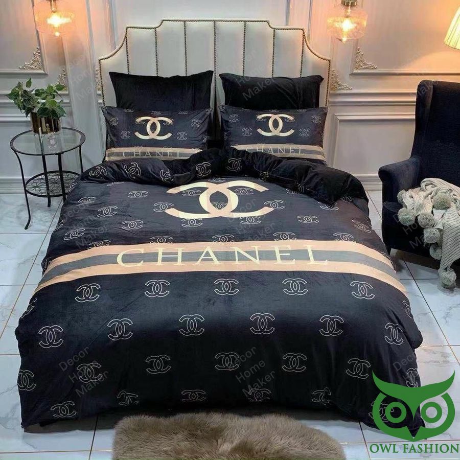 Luxury Chanel Black with Big Logo and Name in Center and Around Bedding Set