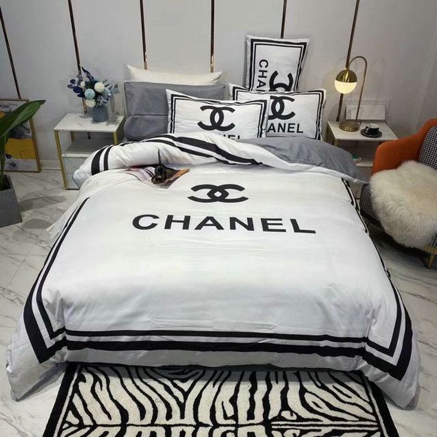 Chanel Luxury Golden Logo In Basic Black Background With Logo Frame Bedding  Set  Mugteeco
