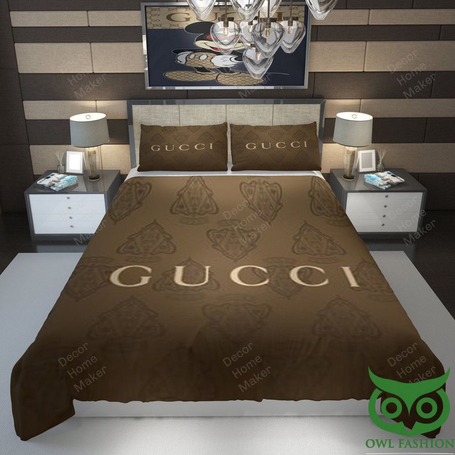 Luxury Gucci Brown with Big Brand Name and Patterns Bedding Set
