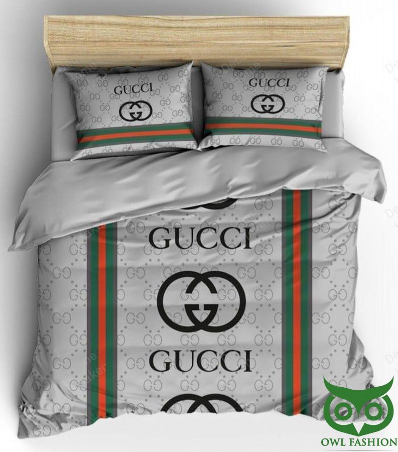 Luxury Gucci Gray Color Green and Red Stripes Bedding Set