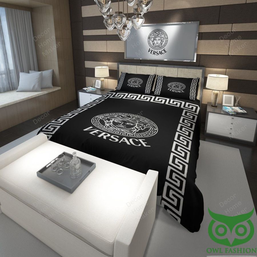 Luxury Versace Black with Gray Medusa Head and Greca Patterns Bedding Set