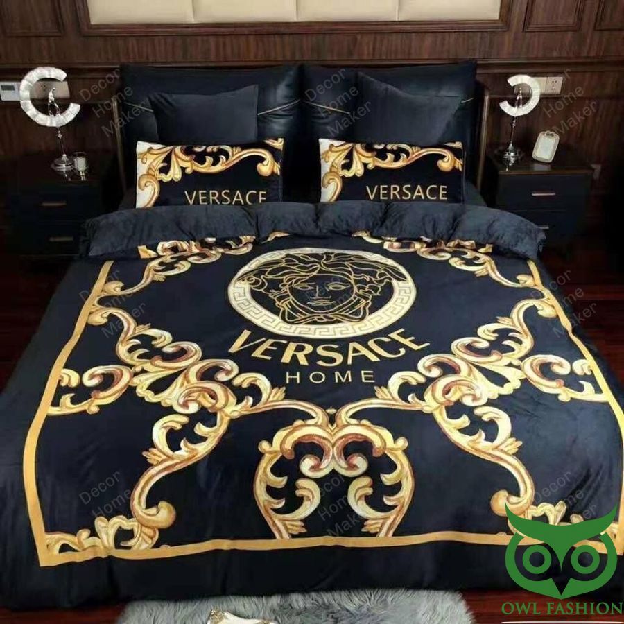 Luxury Versace Home Black and Golden Big Logo Bedding Set