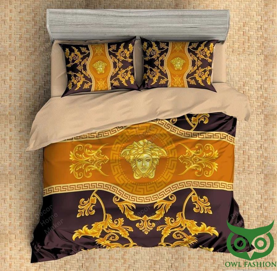 Luxury Versace Medusa Head Center Dark Brown and Gold Color Bedding Set
